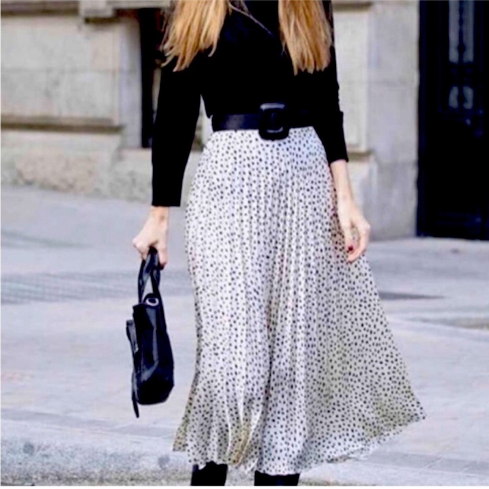 JOIE Dalmatian Print Pleated Black & White MIDI Skirt W/ Sash Belt Size Large